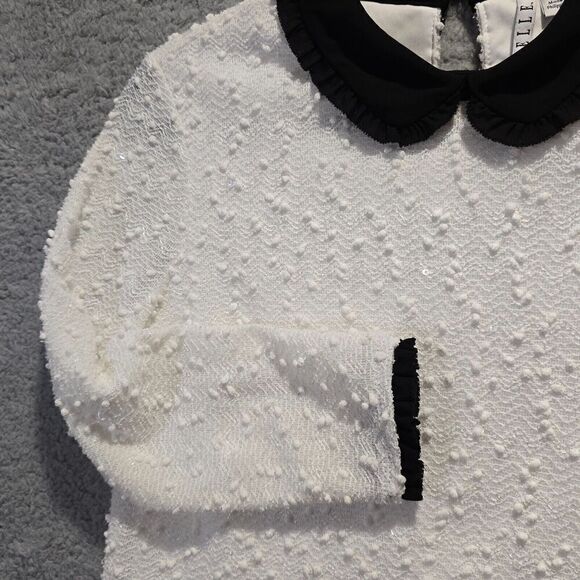 Elle Womens Top S‎ White Black Collar Popcorn Textured - Preppy Cosplay Academia - Picture 5 of 11